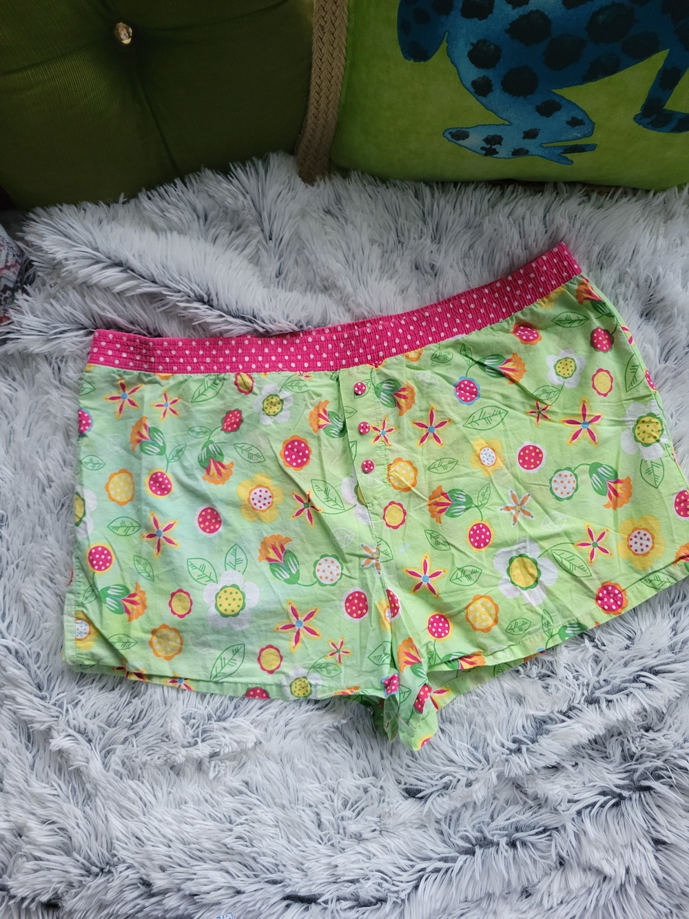 Vintage Secret Treasures Green Floral Lounge Shorts with Pink Polka Waistband XL